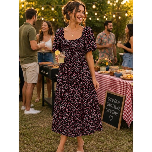 BTFBM Dresses & Skirts - BTFBM Floral Smocked Cottagecore Maxi Dress Puff Sleeve Black Pink Large